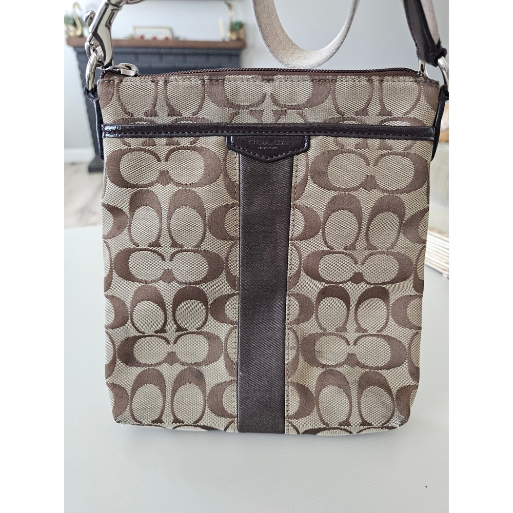 Coach Signature Crossbody Bag Brown Tan Monogram File Bag Canvas Leather Trim